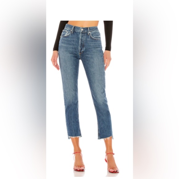 AGOLDE Riley Medium Blue Wash Buttonfly Raw Hem Jeans 25 - Picture 3 of 11